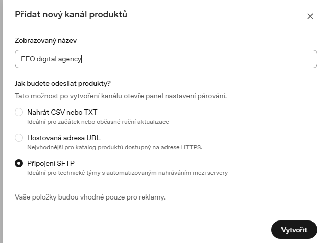 Možnosti napojení produktového feedu v ChatGPT Ads Manageru.