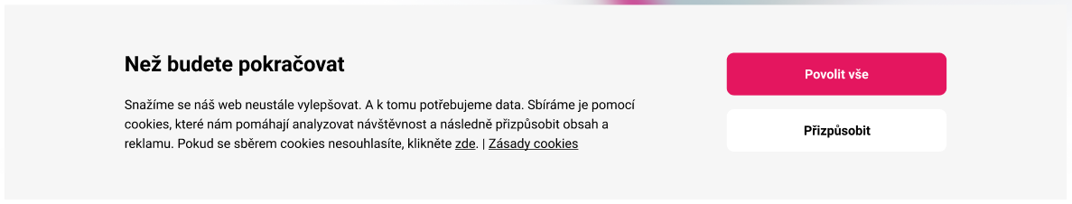 Cookies lišta pro zísání souhlasu.